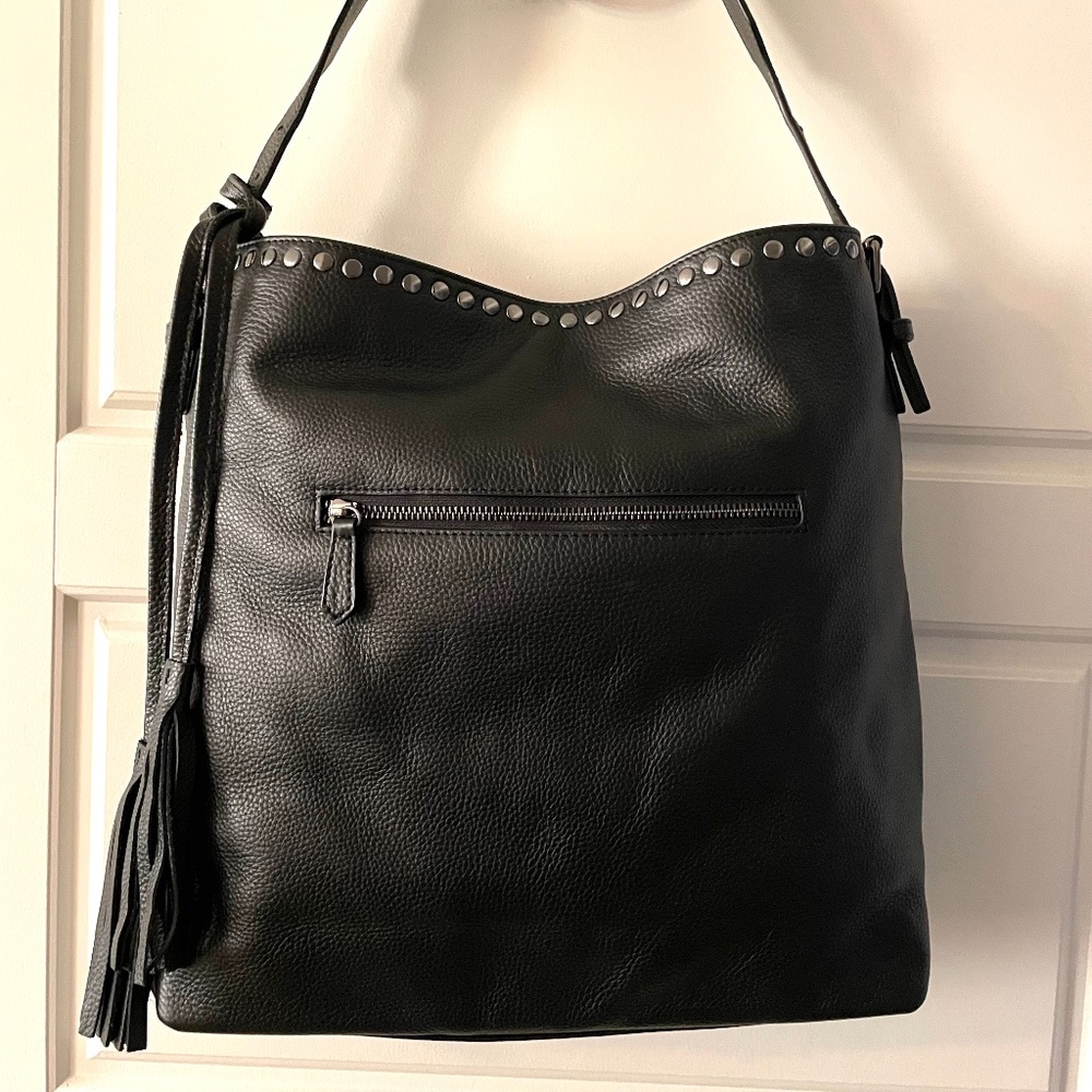 Laggo Black Leather Studded Tote Purse with Tassles